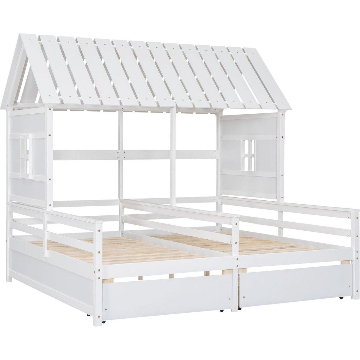 Twin Size House Platform Beds with Two Drawers for Boy and Girl Shared Beds, Combination of 2 Side by Side Twin Size Beds,White