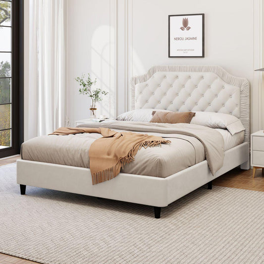 Queen Size Upholstered Bed with Ruched and Button Tufted Headboard, No Box Spring Needed,Velvet, White
