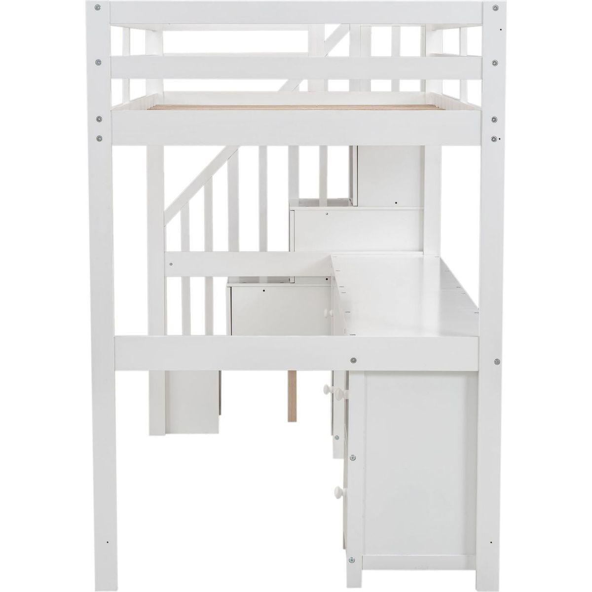 Twin Size Loft Bed Frame with Built-in Desk and Double Storage Drawers,White