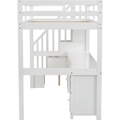 Twin Size Loft Bed Frame with Built-in Desk and Double Storage Drawers,White
