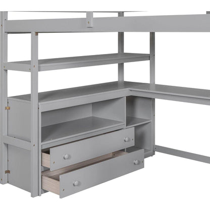 Full Size Loft Bed with Desk and Shelves, Two Built-in Drawers, Storage Staircase, Gray