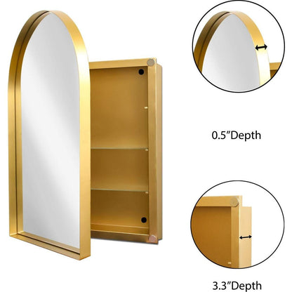 24x36 Inch Arched Recessed Medicine Cabinet, Metal Framed Bathroom Wall Cabinet with Mirror and Adjustable Shelves, Wall Mirror with Storage for Bathroom, Matte Gold