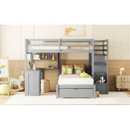 Full Over Twin Bunk Bed with Desk, Drawers and Shelves, Gray