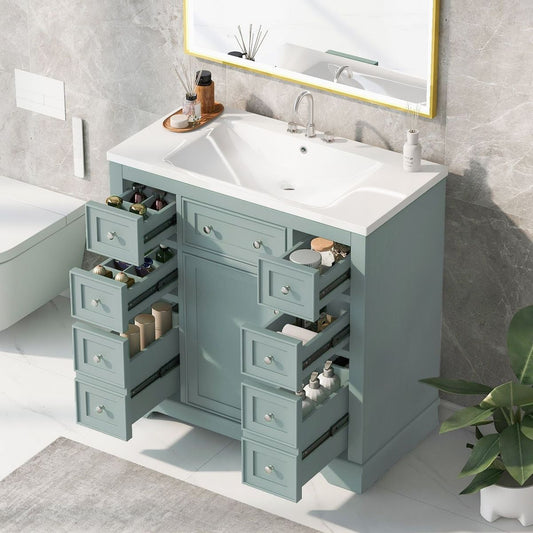 36" Bathroom Vanity with Sink Combo, One Cabinet and Six Drawers, Solid Wood and MDF Board, Green