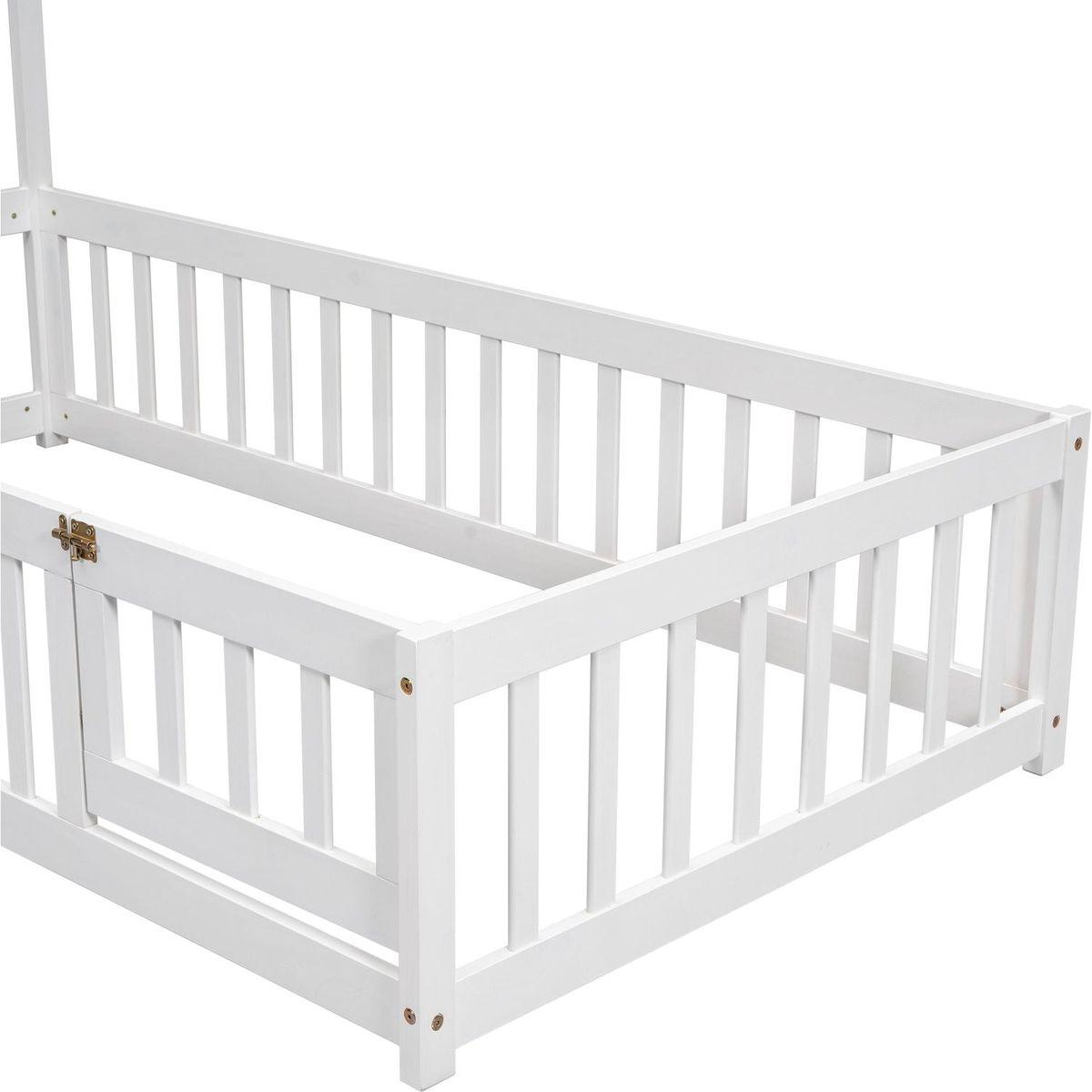 Twin House-Shaped Headboard Floor Bed with Fence,White