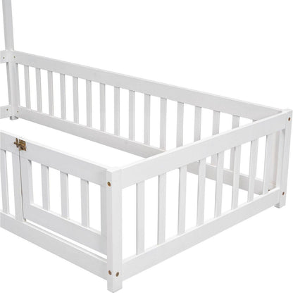 Twin House-Shaped Headboard Floor Bed with Fence,White