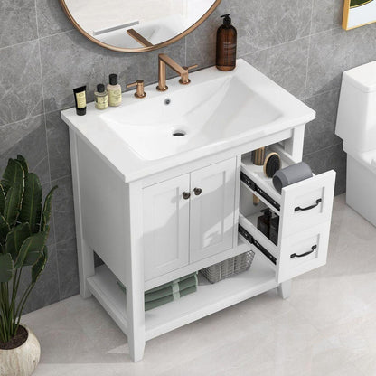 30" Bathroom Vanity with Ceramic Sink Top, Vanity Cabinet with Multi-Functional Drawer, Solid Wood Legs, White