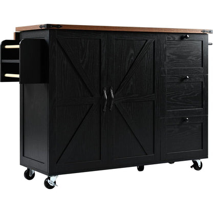 54.5" Farmhouse Kitchen Island with Power Outlet, Kitchen Storage Island with Internal Storage Rack, Drop Leaf, Spice Rack, Rolling Kitchen Cart on Wheels, for Home, Kitchen and Dining Room,Black