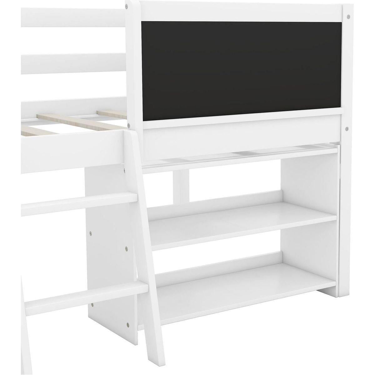 Twin Size Low Loft Bed with Two Movable Shelves and Ladder,with Decorative Guardrail Chalkboard,White