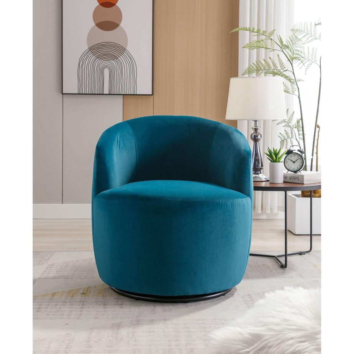 Velvet Fabric Swivel Accent Armchair Barrel Chair With Black Powder Coating Metal Ring,Teal