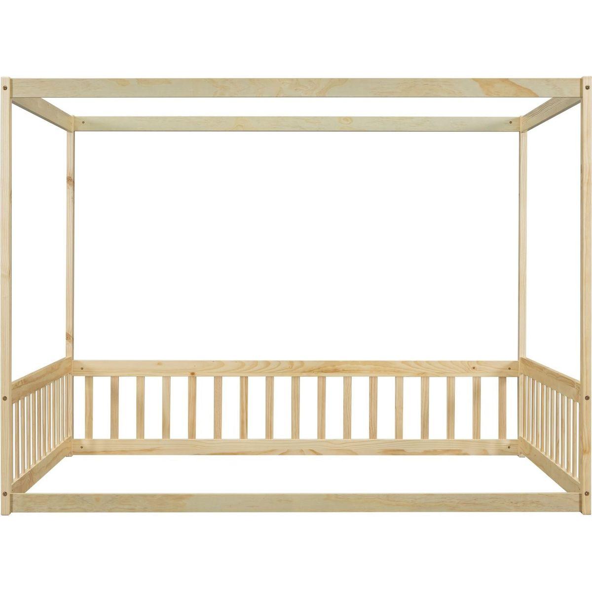 Full Size Canopy Frame Floor Bed with Fence, Guardrails,Natural