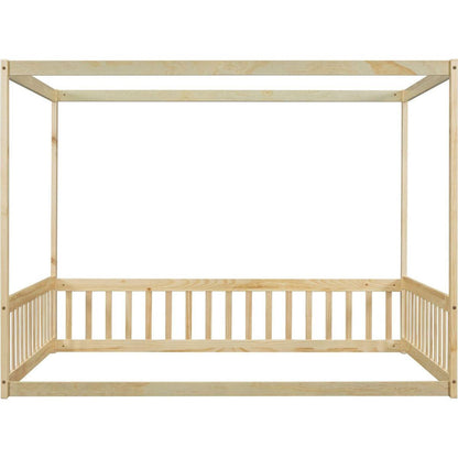 Full Size Canopy Frame Floor Bed with Fence, Guardrails,Natural