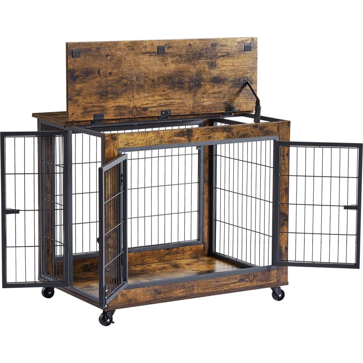 Furniture Style Dog Crate Side Table on Wheels with Double Doors and Lift Top. Grey, 31.50" W x 22.05" D x 25" H.