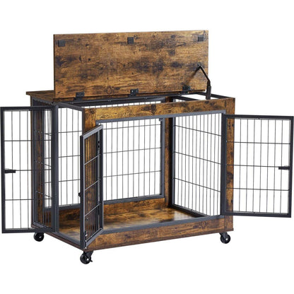 Furniture Style Dog Crate Side Table on Wheels with Double Doors and Lift Top. Grey, 31.50" W x 22.05" D x 25" H.