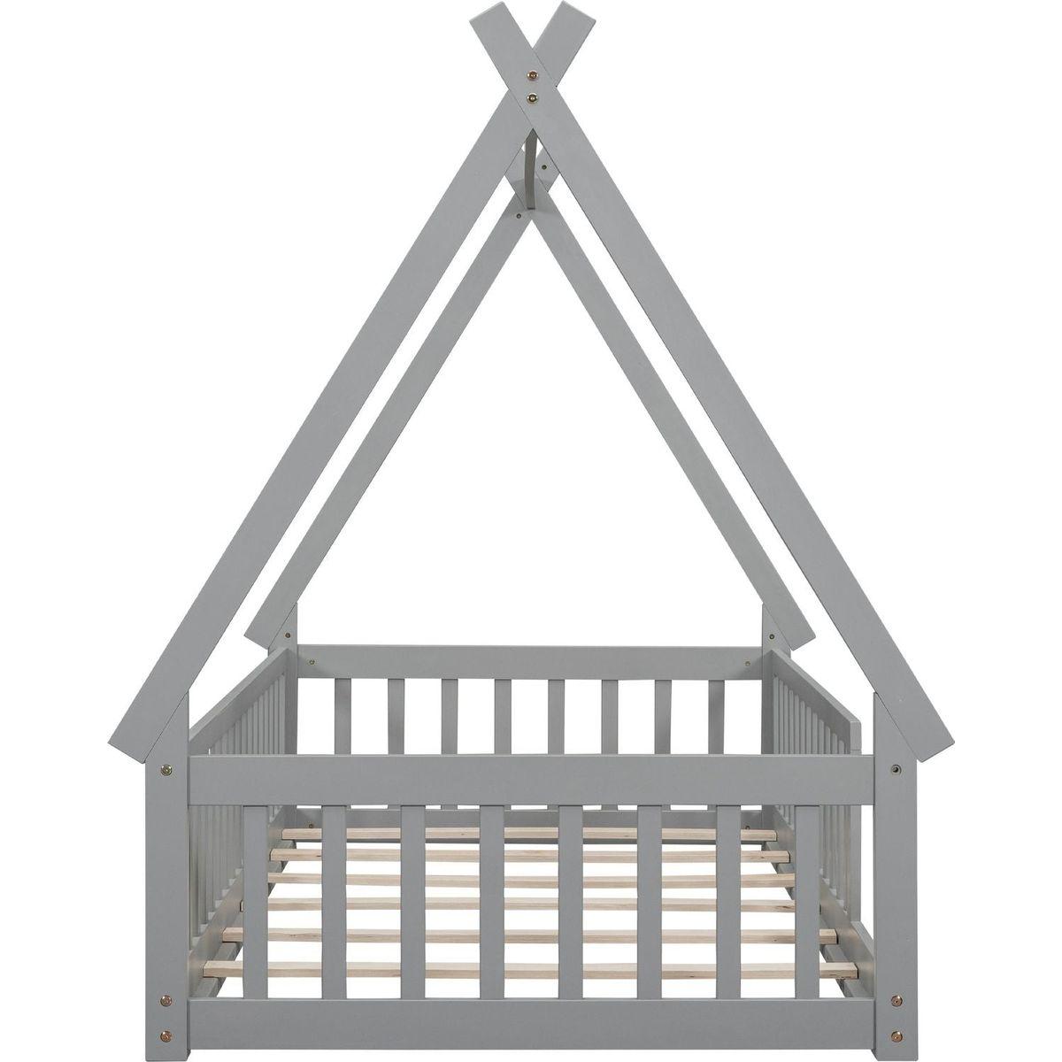 Twin Tent-shaped Floor Bed, Teepee Bed with Guardrails, Slats,Grey
