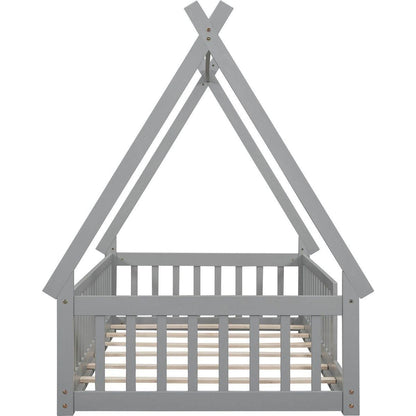 Twin Tent-shaped Floor Bed, Teepee Bed with Guardrails, Slats,Grey