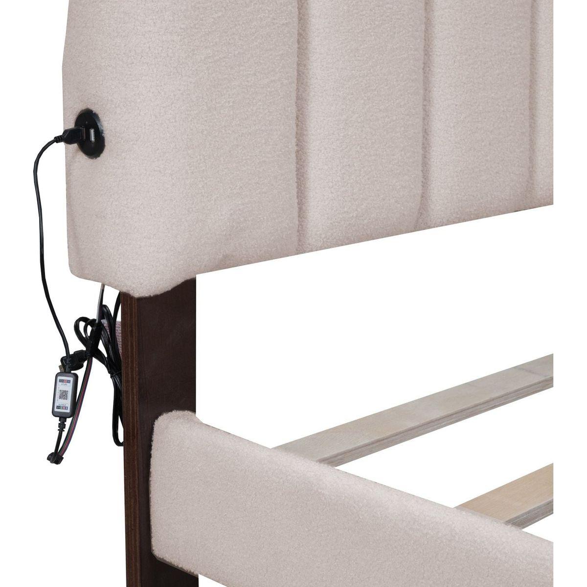 Teddy Fleece Queen Size Upholstered Platform Bed with Drawer, Beige