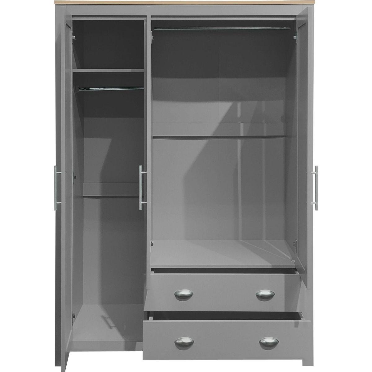 Three Door Storage Wardrobe with Cabinets and Two Hanging Rods,Gray