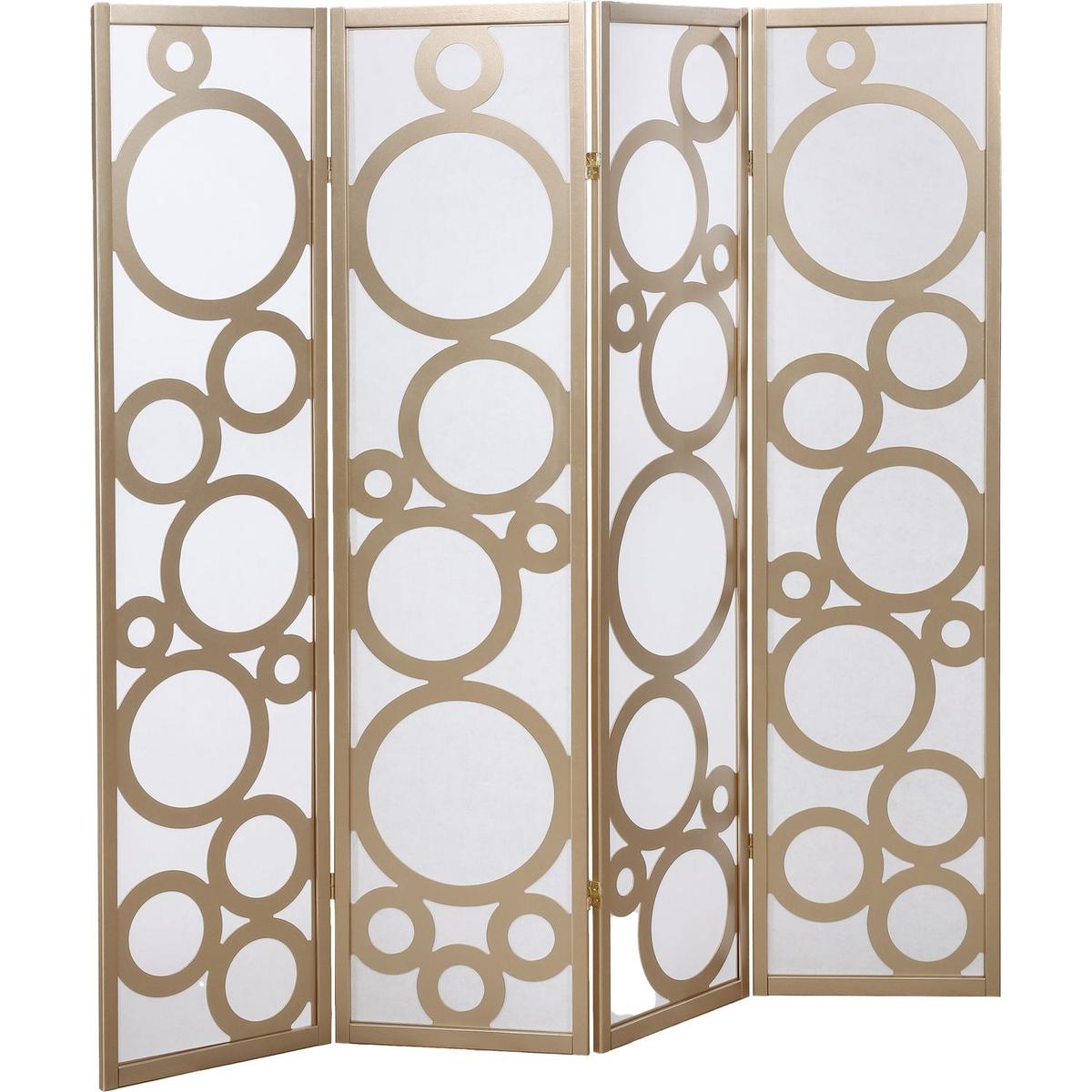 Arvada 4-Panel Wood Room Divider with Circle Pattern, Gold