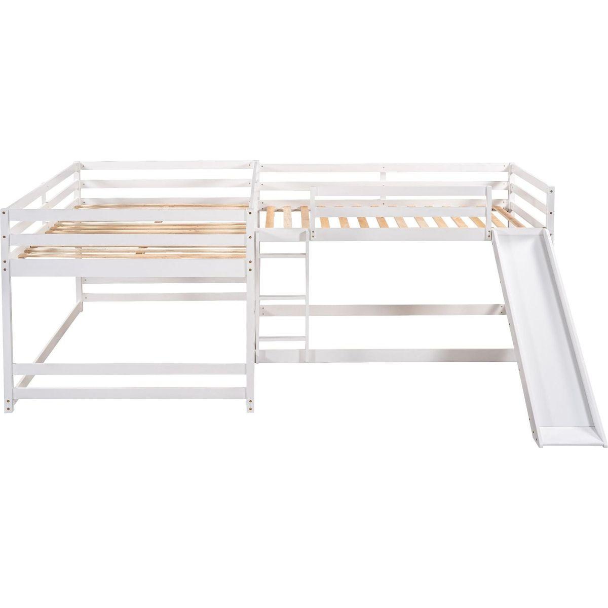 Full and Twin Size L-Shaped Bunk Bed with Slide and Short Ladder,White