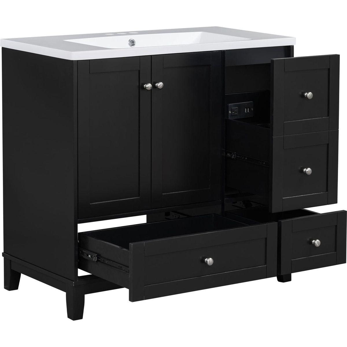 36 Inch Modern Bathroom Vanity with USB Charging, Two Doors and Three Drawers Bathroom Storage Vanity Cabinet, Small Bathroom Vanity cabinet with single sink, Black - Faucets Not Included