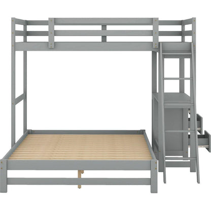 Twin over Full Bunk Bed with Built-in Desk and Three Drawers,Grey