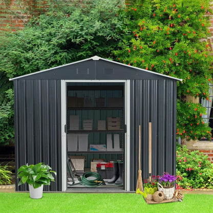 8ft x 10ft Outdoor Metal Storage Shed with Floor Base,Black