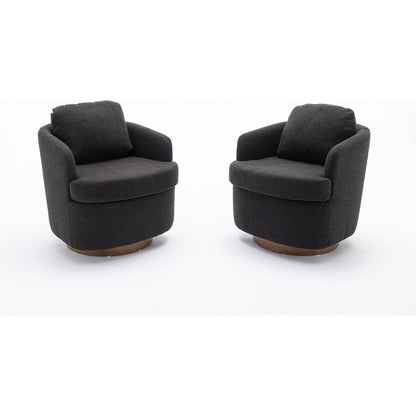 Boucle Fabric Swivel Accent Chair With Soild Wood Round Brown Base Leg,Black