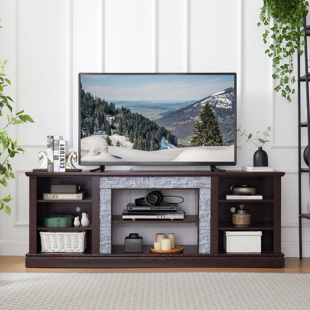 Large Faux Stacked Stone TV Stnad, Desk Storage Rack, Media Console Table with Large Storage Cabinet,Modern TV Media Entertaionment Stand,Cherry, 70.12"Wx15.35"Dx25.83"H