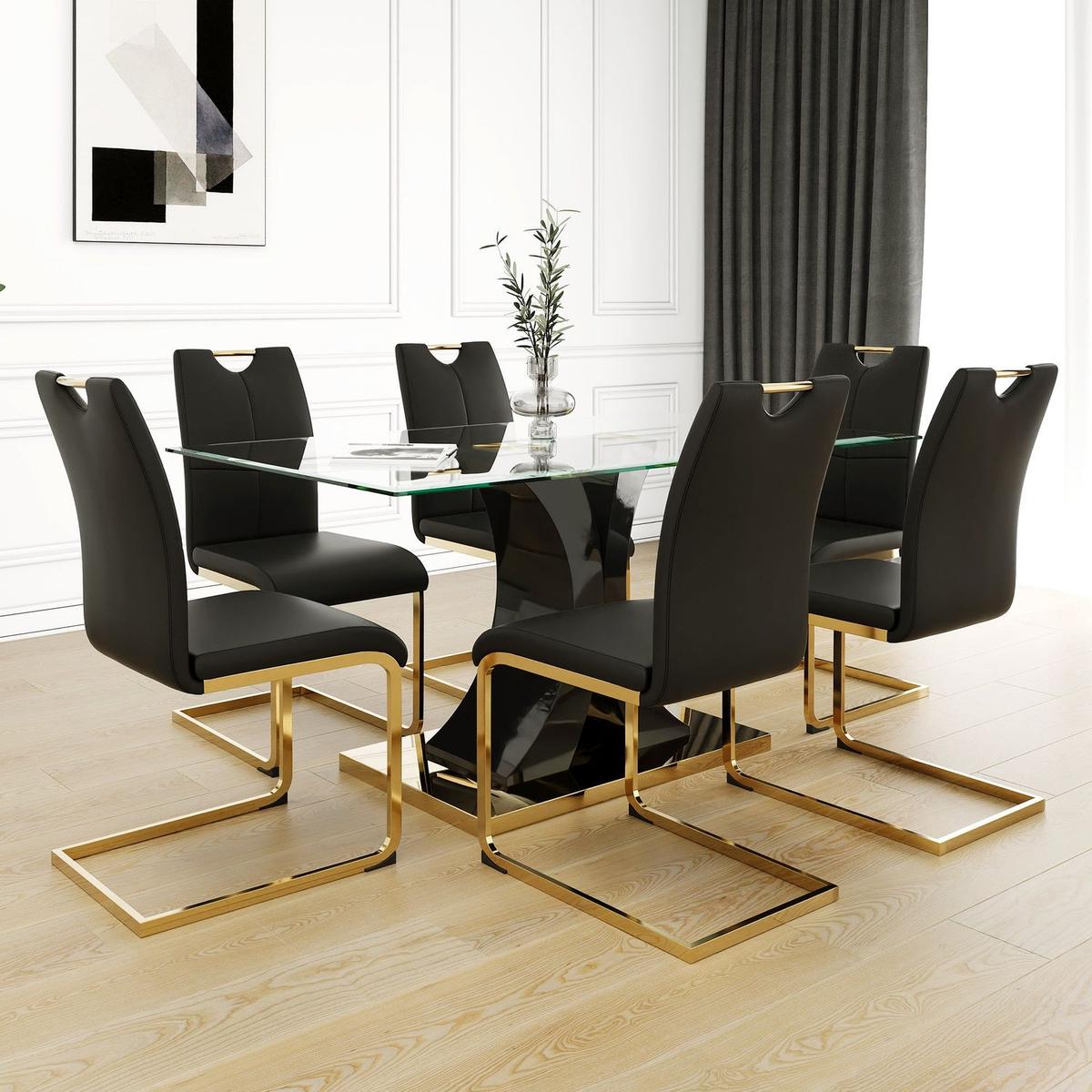 Modern style glass dining table, elegant transparent design, solid support base, black dining chair set, gold-plated chair legs, suitable for restaurant kitchen use (set of 7)