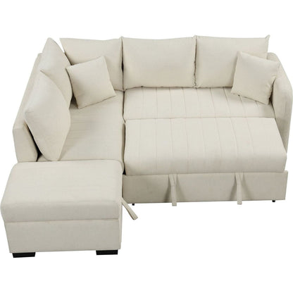 82.6" L-shaped Sectional Pull Out Sofa Bed Sleeper Sofa with Two USB Ports, Two Power Sockets and a Movable Storage Ottoman, Beige