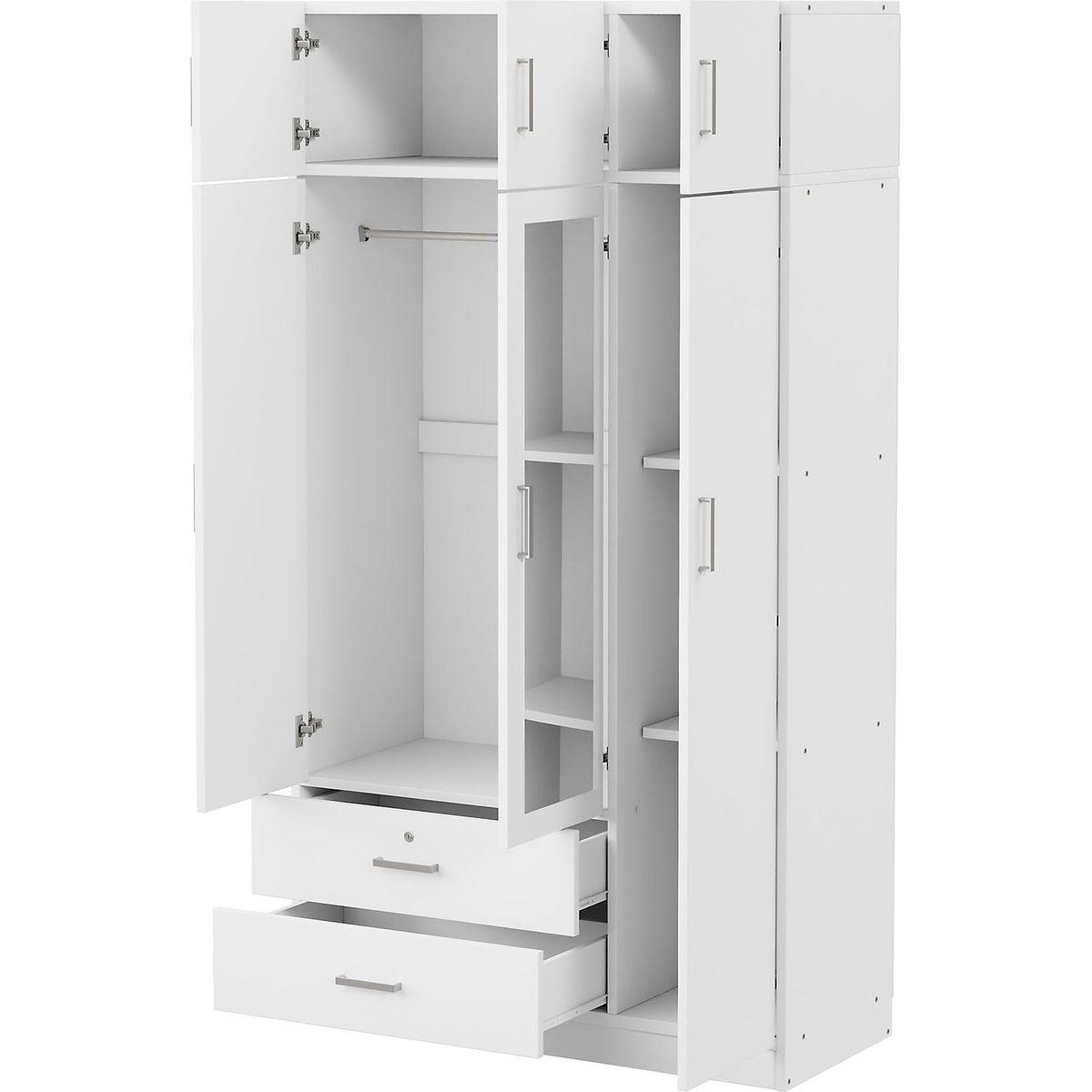 3-Door Mirror Wardrobe with 2 Drawers and Top Cabinet,White