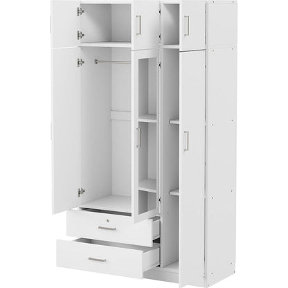 3-Door Mirror Wardrobe with 2 Drawers and Top Cabinet,White