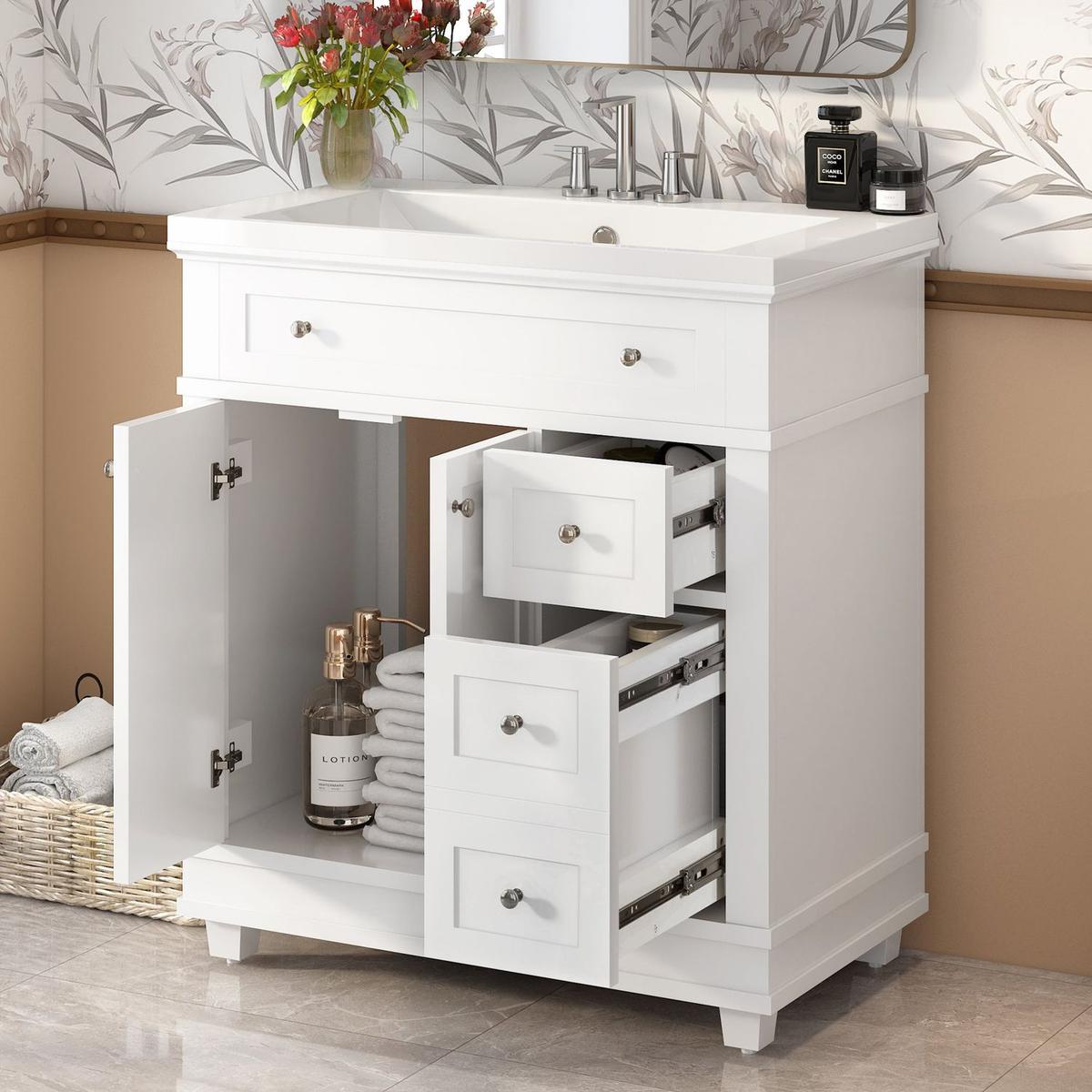 30" Bathroom Vanity Cabinet with Sink Combo Set, Undermount Resin Sink, Free Standing Vanity Set with 2 Drawers& Soft Closing Doors, Solid Wood Frame Bathroom Cabinet, White