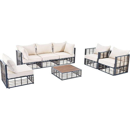 Modern Minimalist 7-Piece Metal Patio Sectional Sofa Set, All-Weather Garden Conversational Furniture Set with Thick Cushions and Coffee Table for Indoor Outdoor, Gray