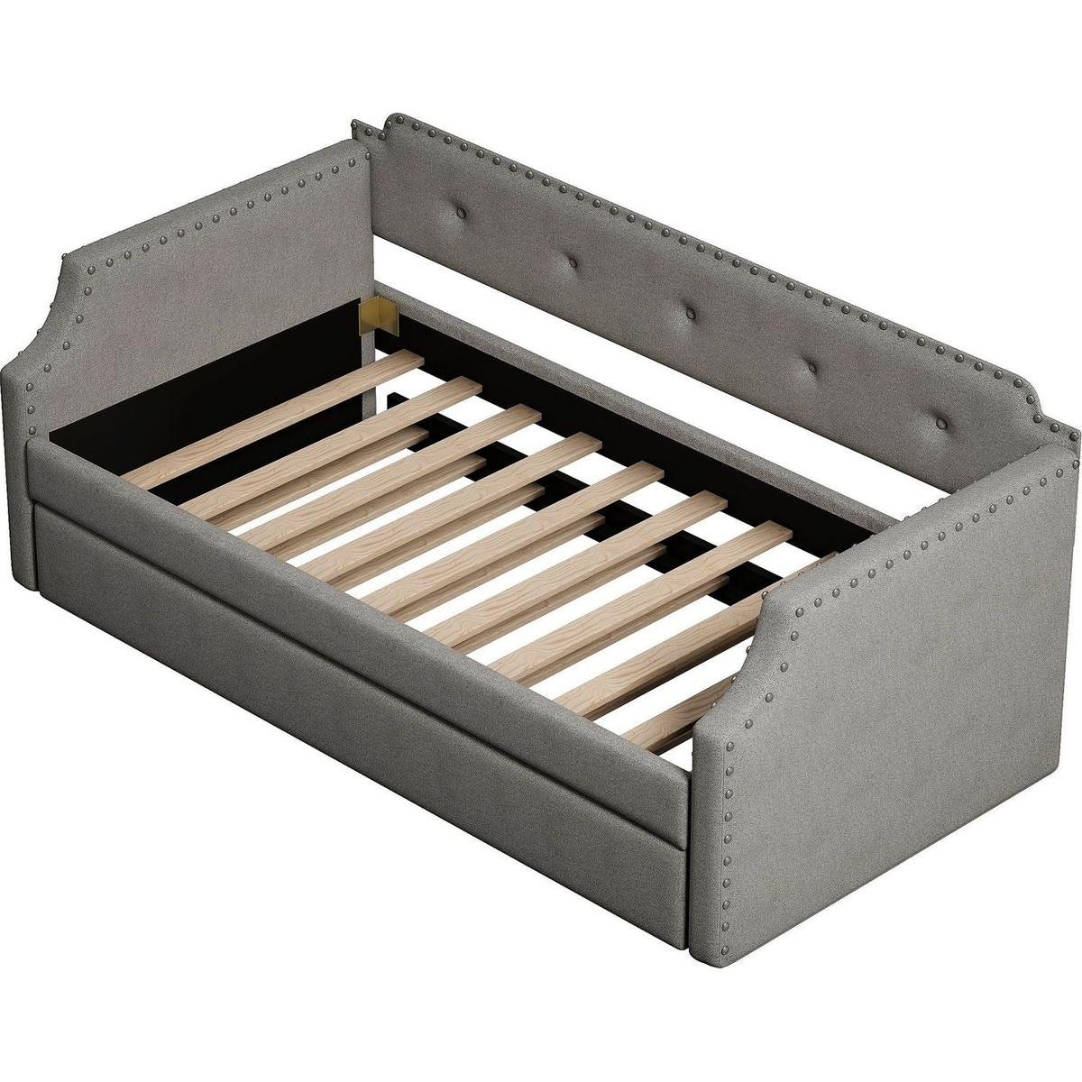 Upholstered Daybed with Trundle, Wood Slat Support,Upholstered Frame Sofa Bed, Twin,Gray
