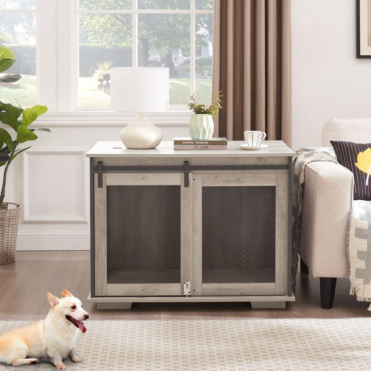 Farmhouse Dog Cage Crate Furniture with Sliding Barn Door, Farmhouse Wooden Dog Kennel End Table with Flip-top Plate Dog House with Detachable Divider for Small/Medium/Large Dog Gray