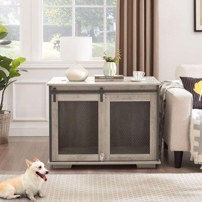 Farmhouse Dog Cage Crate Furniture with Sliding Barn Door, Farmhouse Wooden Dog Kennel End Table with Flip-top Plate Dog House with Detachable Divider for Small/Medium/Large Dog Gray