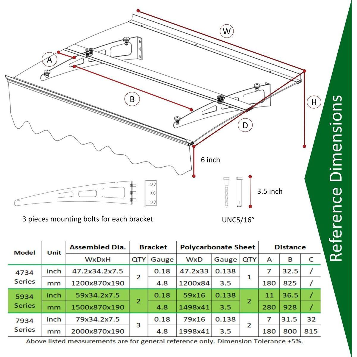 DA5934C Series Door Window Awning Canopy Made of 0.137Inch Thick Crystal Solid Polycarbonate Sheet and Aluminum Alloy with Valance in size of 59" Wide x 34" Deep for Masonry Concrete Wall House only.