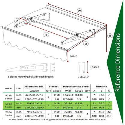 DA5934C Series Door Window Awning Canopy Made of 0.137Inch Thick Crystal Solid Polycarbonate Sheet and Aluminum Alloy with Valance in size of 59" Wide x 34" Deep for Masonry Concrete Wall House only.
