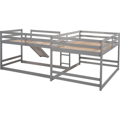 Full and Twin Size L-Shaped Bunk Bed with Slide and Short Ladder,Gray