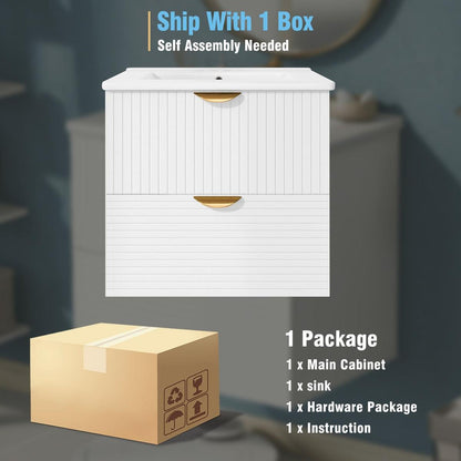 Modern 24-Inch Wall-Mounted Bathroom vanity with 2 Drawers, White - Ideal for Small Bathrooms