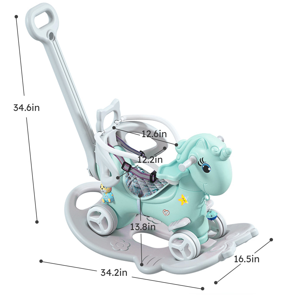 Rocking Horse for Toddlers, Balance Bike Ride On Toys with Push Handle, Backrest and Balance Board for Baby Girl and Boy, Unicorn Kids Blue color