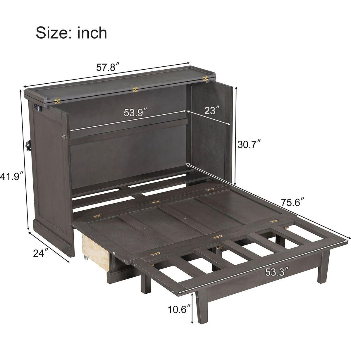 Solid Pine Murphy Bed Chest Cube Cabinet Bed with Charging Station and Large Storage Drawer for Home Office or Small Room,Full,Gray