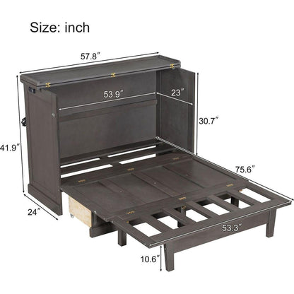 Solid Pine Murphy Bed Chest Cube Cabinet Bed with Charging Station and Large Storage Drawer for Home Office or Small Room,Full,Gray