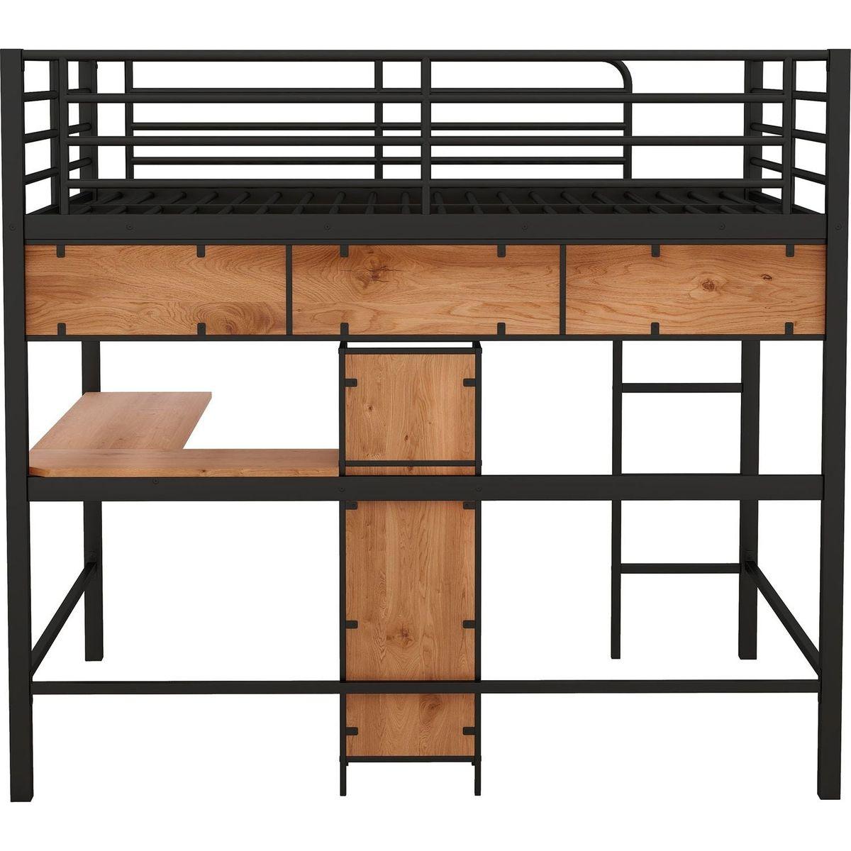 Full Size Metal & Wood Loft Bed with L -shaped desk and shelves, Black and Brown