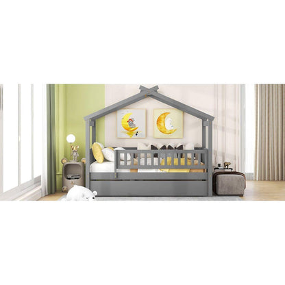 Twin Size Wooden House Bed with Twin Size Trundle, Gray