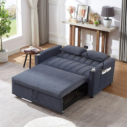 55.9" Convertible Sofa Bed Loveseat Sofa with Three USB Ports, Two Side Pockets, Two Cup Holders and 360Swivel Phone Holder for Living Room, Blue Grey