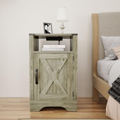 Farmhouse Nightstand Side Table, Wooden Rustic End Table, Tall Bedside Table with Electrical Outlets Charging Station - Light Grey