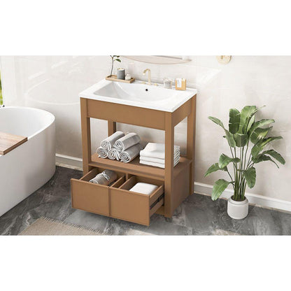 30" Bathroom Vanity with Sink Top, Bathroom Cabinet with Open Storage Shelf and Two Drawers, Brown